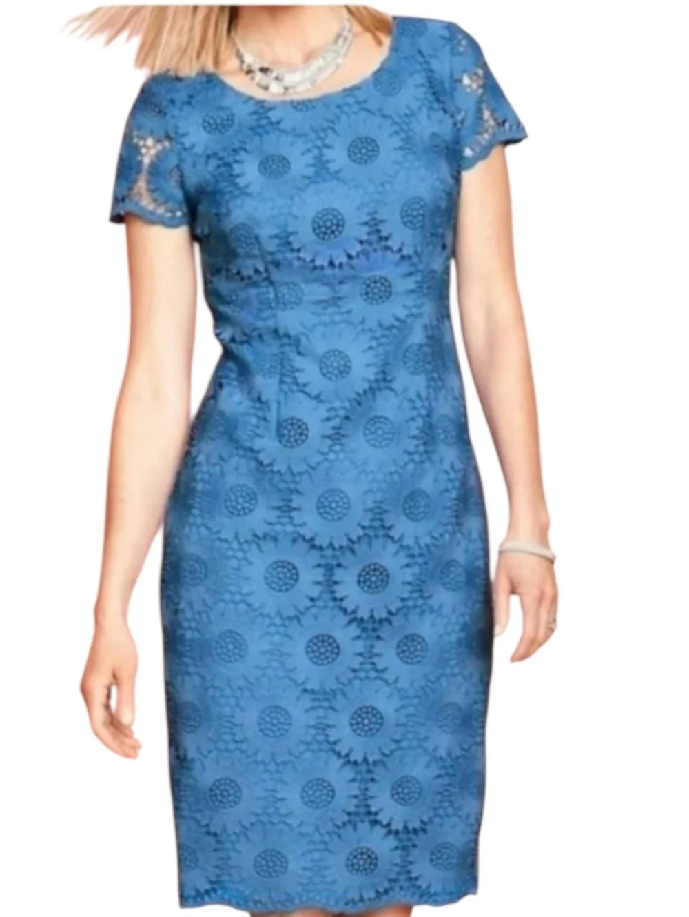 Talbots Dress Womens 12 Blue Floral Crochet Lace Short Sleeve Wedding Guest